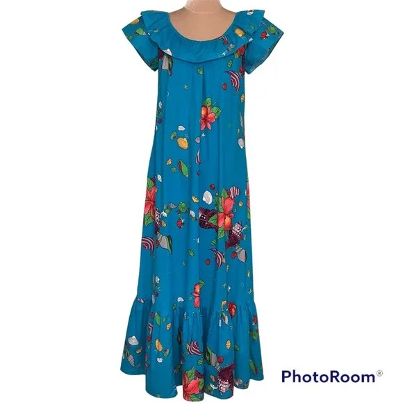 Hilo Hattie Dresses | Vintage Hilo Hattie Hawaiian Print Maxi Dress Ruffle Tier Off Shoulder Prairie | Color: Blue/Orange | Size: M | Willowy's Closet